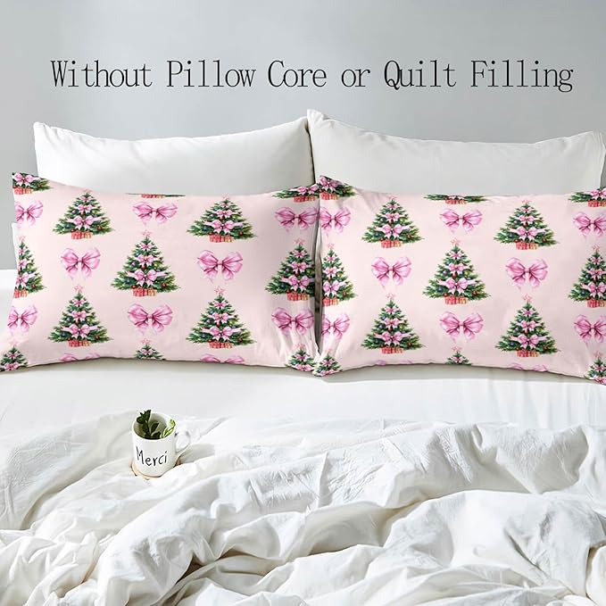 LUVIVIHOME 3PCS Pink Bow Christmas Tree Duvet Cover King Bedding Set, Teen Girl Bedding, Light Pink Duvet Cover, Xmas Tree Winter Holiday Festival Coquette Christmas Comforter Cover, 2 Pillow Cases