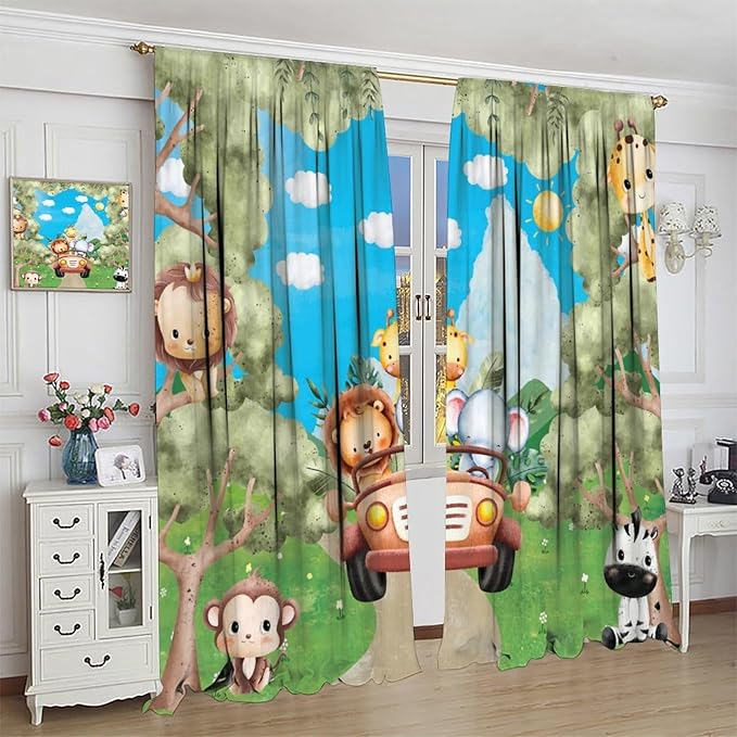Jungle Animals Curtains, Cartoon Safari Animals Tropical Forest Leaf Blackout Window Treatments, Rod Pocket Thermal Insulated Drapes 2 Panel Sets for Kids Bedroom Nursery Classroom, 42"W X 45"L