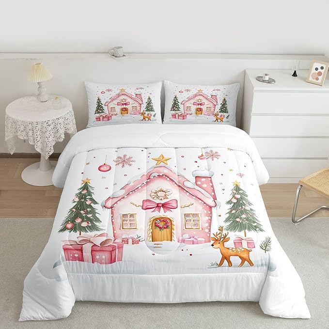 Feelyou Gingerbread House Bedding Set Soft for Boys Girls, Christmas Tree Comforter Set Toddler Size Reindeer Duvet Quilt Microfiber Snowflake Bedroom Decor Holiday Scene 2 Pcs with 1 Pillow Cases