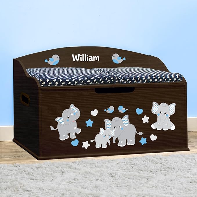 DIBSIES Personalized Creative Wonders Toy Box, Blue Elephants, 30 x 19.25 x 18 inches, Soft-Close Lid (Espresso)