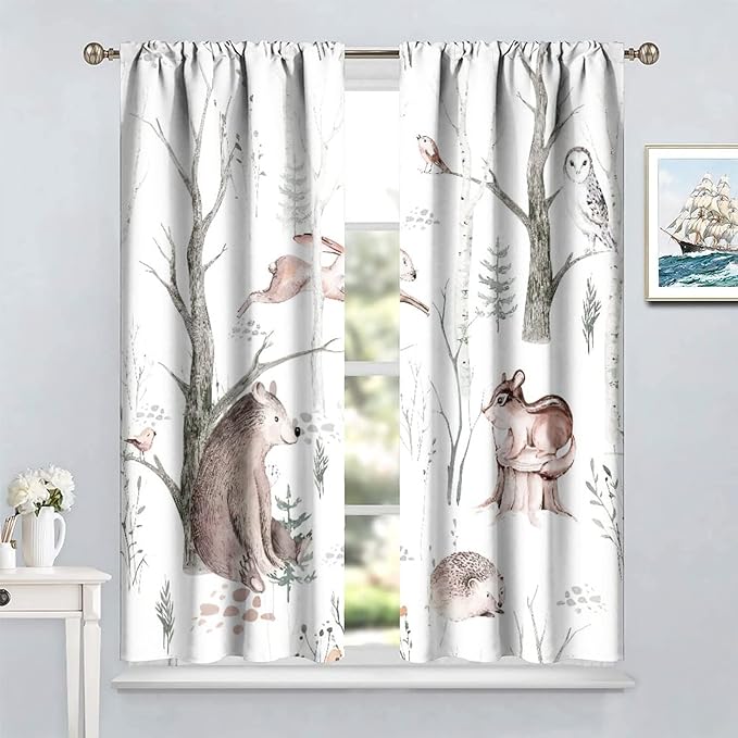 Watercolor Woodland Animal Curtains, Wildlife Bear Farmhouse Lodge Cabin Squirrel Owl Hedgehog Fox Blackout Rod Pocket Windows Door Curtain for Bedroom Living Room Home Decor 42x63in
