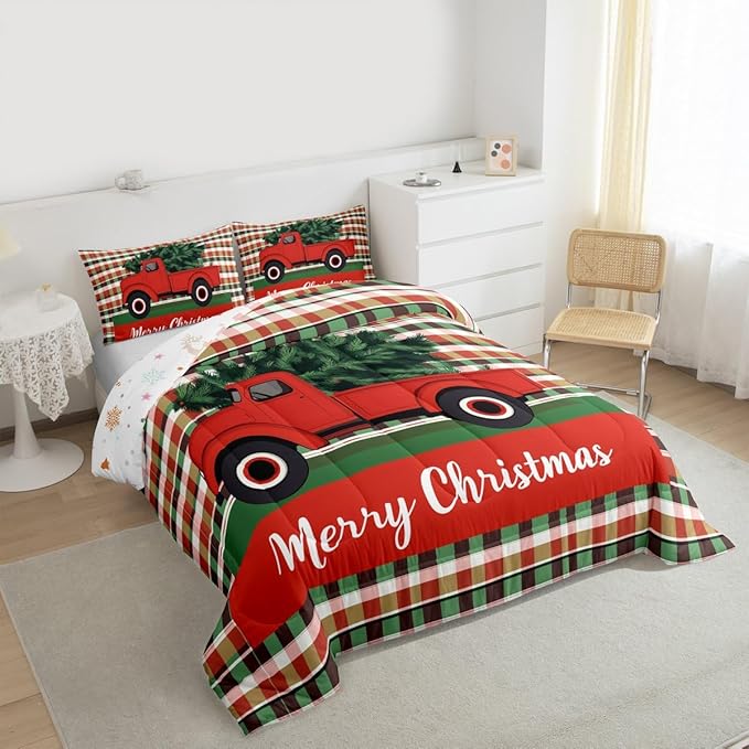 Feelyou Merry Christmas Kids Comforter Set Queen Size Christmas Tree Bedding Set Snowflake Duvet Quilt for Kids Boys Girls Bedroom Winter Decor Microfiber Ultra Soft Breathable