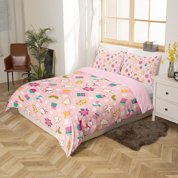 Christmas Kids Bedding Set Cartoon Christmas Tree Snowman Duvet Cover for Boys Children Teens Bedroom Decor Flower Birds Comforter Cover Set Pink New Year Bedspread Cover Queen Size With 2 Pillow Case