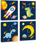 KAIRNE Outer Space Dinosaur Room Decor,Solar System Stars Wall Canvas Poster,Set Of 4 (8X10inch,framed) Planet Astronaut Art Print,Rocket Decor for Boys Room Toddler Kids Room Classroom Space Decor