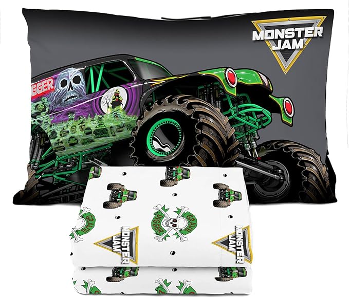 Sunny Side Up Monster Jam Grave Digger Toddler Sheet Set - 3 Piece Toddler Bedding Set Includes Pillow Cover - Super Soft Microfiber Sheets