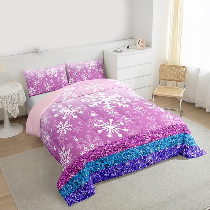 Feelyou Pink Snowflake Comforter Set Twin Size Winter Snowflake Bedding Set for Kids Boys Girls Christmas Duvet Quilt Glitter Print Bedroom Decor Microfiber 2 Pcs with 1 Pillow Cases