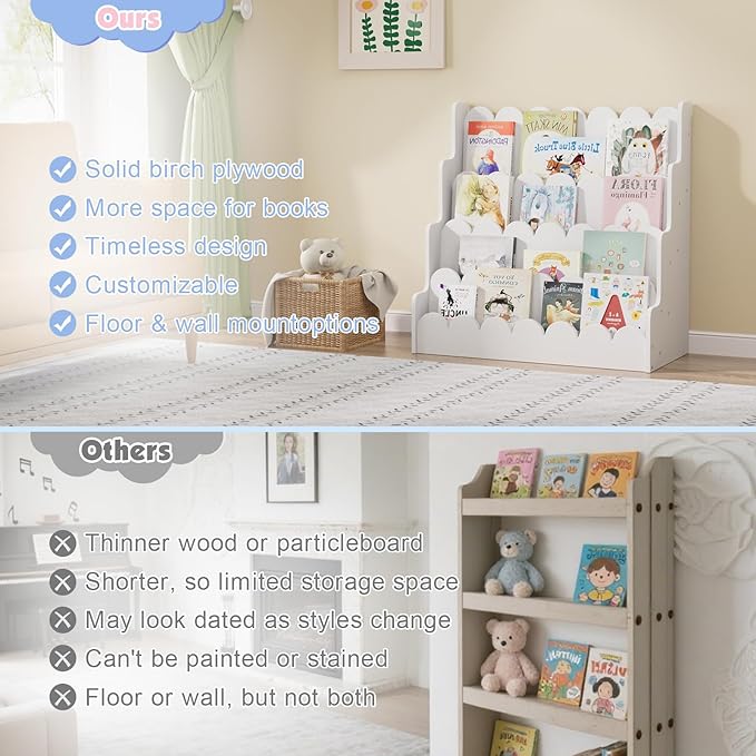 4 Tier Scalloped Kids Bookshelf Natural Wood Toddler Book Rack Nursery Bookcase Playroom Coloring Book Magazine Display Storage Shelf Organizer Classroom Library Homeschooling (White)