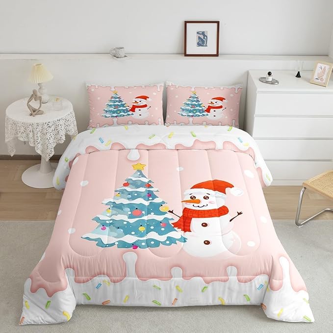 Castle Fairy Cartoon Christmas Comforter Set Toddler Size with 1 Pillowcase,Xmas Cute Snowman Pine Trees Kawaii Pink Bedding Set for Kids Girls Women,Dessert Cream Candy Girly Funny Quilted Set
