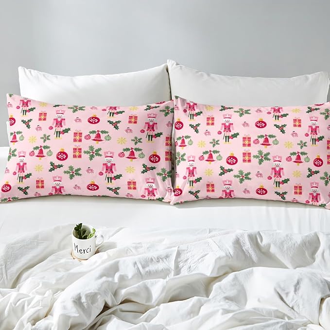 Feelyou Christmas Pink Nutcracker Comforter Cover Twin Size Cute Royal Guarder Duvet Cover Xmas Snowflake Bedding Set Gifts for Kids Boys Girls Decor 1 Pillow Case Pink