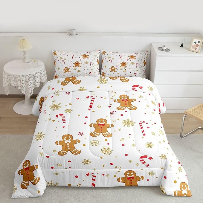 Feelyou Cute Gingerbread Man Comforter Set Full Size Candy Cane Bedding Set for Kids Boys Girls Golden Snowflake Duvet Quilt Christmas Pattern Bedroom Decor Festive Design 3 Pcs with 2 Pillow Cases