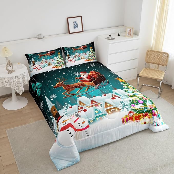 Manfei Christmas Comforter Set Queen Size, Xmas Tree Snowman Bedding Set 3pcs for Kids Boys Girls Room Decor, Santa Claus with Reindeer Quilt Set New Year Theme Duvet Set with 2 Pillowcases