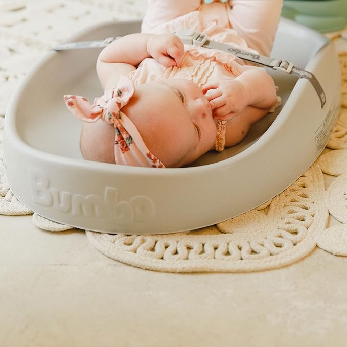 Bumbo Baby Changing Pad for Dresser or Table Top, Portable & Wipeable Non Slip Soft Contoured Diaper Change Station with Harness, Cool Grey