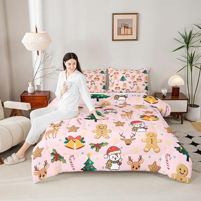 Feelyou Merry Christmas Bedding Set Soft for Boys Girls, Gingerbread Man Comforter Set King Size Cute Deer Duvet Quilt Microfiber Christmas Tree 3 Pcs with 2 Pillow Cases