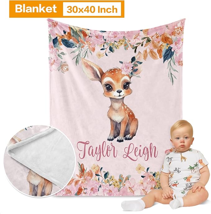 Custom Crib Bedding Set - Deer Design Personalized Name Baby Nursery Bedding 3 Pcs Set - Chic Soft Blanket, Sheet, Pillowcase for Newborns Boys Girls Gifts Color04