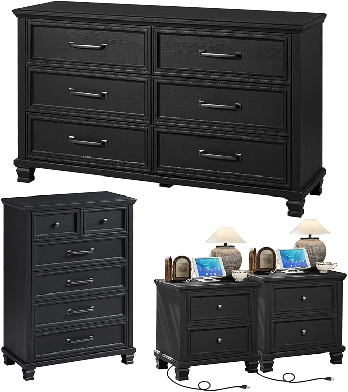 Farmhouse Bedroom Dresser and Nightstand Set of 4, 6 Drawer Tall & Low Dresser & 2 Drawer Nightstand Set, Rustic Wood Furniture Set for Bedroom, Hallway, Black