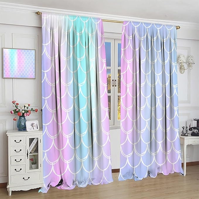 Fantasy Mermaid Curtain Rainbow Mermaid Scales Purple Pink Blue Ocean Theme Dream Blackout Window Treatment for Kids Boys Girls Bedroom Nursery Room Decor Rod Pocket Window Drapes 84x84in