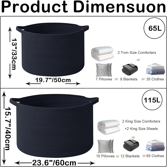 Large Blanket Basket for Organizing,65L Closet Organizers and Storage Bins Box for Shelves Woven Rope Storage Baskets,Living Room,Bedroom,Dorm,Laundry room (Navy)