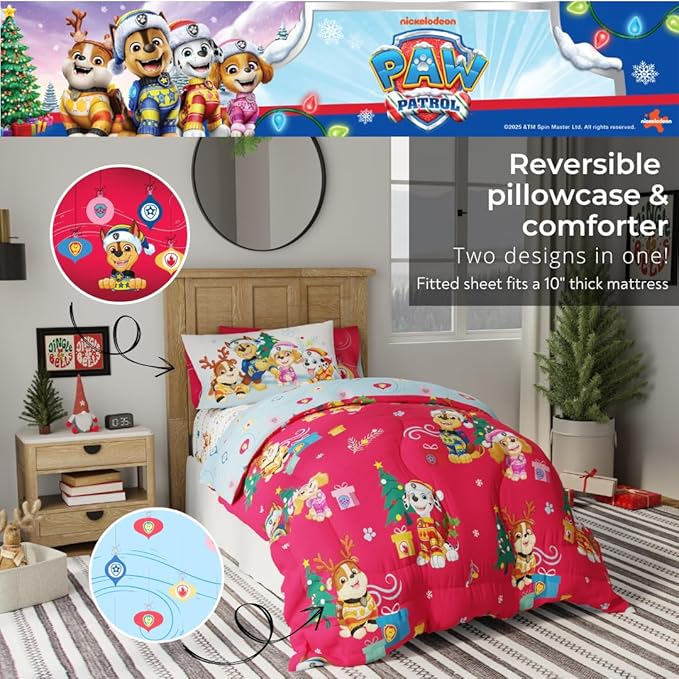 PAW Patrol Holiday & Christmas Kids Bedding Soft Comforter and Sheet Set with Sham, 7 Piece Full Size, (Officially Licensed Product) by Franco