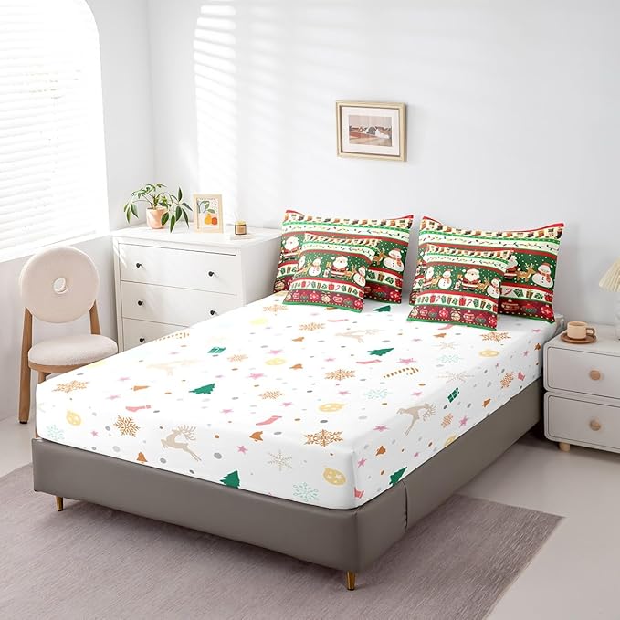 Feelyou Christmas Santa Claus Comforter Set with Sheets Cartoon Stockings Deer Bedding Set for Kids Boys Girls Teens Decor Christmas Snowflake Bed in a Bag Kawaii Bed Set 7Pcs King Size