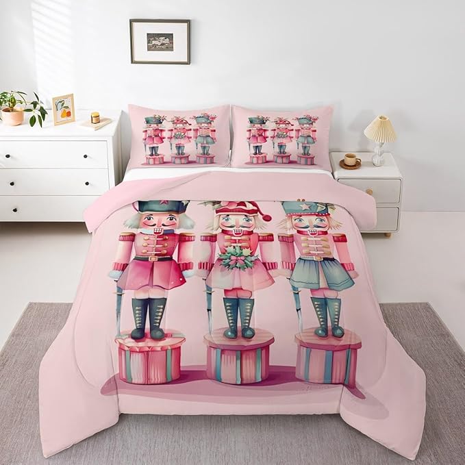 Feelyou Christmas Decorations Nutcrackers Kids Comforter Set Twin Size Pink Christmas Bedding Set Funny Nutcracker Duvet Quilt for Kids Boys Girls Bedroom Berries Printed Decor Kawaii Soft Breathable