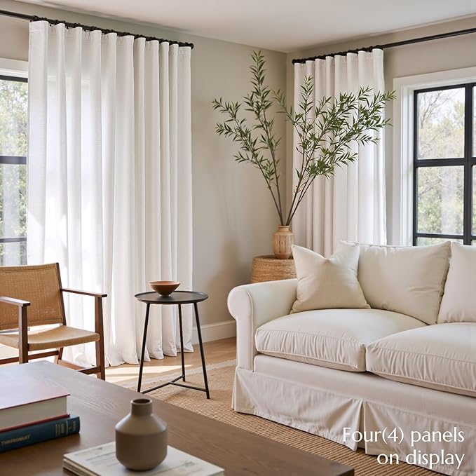 jinchan Linen Curtains 50W x 84L Inch Off White for Living Room Farmhouse Curtains Clip Rings Back Tab Rod Pocket Drapes 4-Panel Set