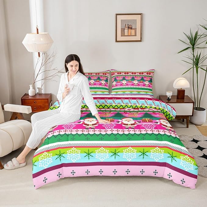 Feelyou Merry Christmas Comforter Set All Season Santa Claus Bedding Set with 2 Pillow Cases Cute Deer Microfiber Kids Queen Bedclothes Snowflake Bedroom Decor Duvet Quilt Breathable Soft