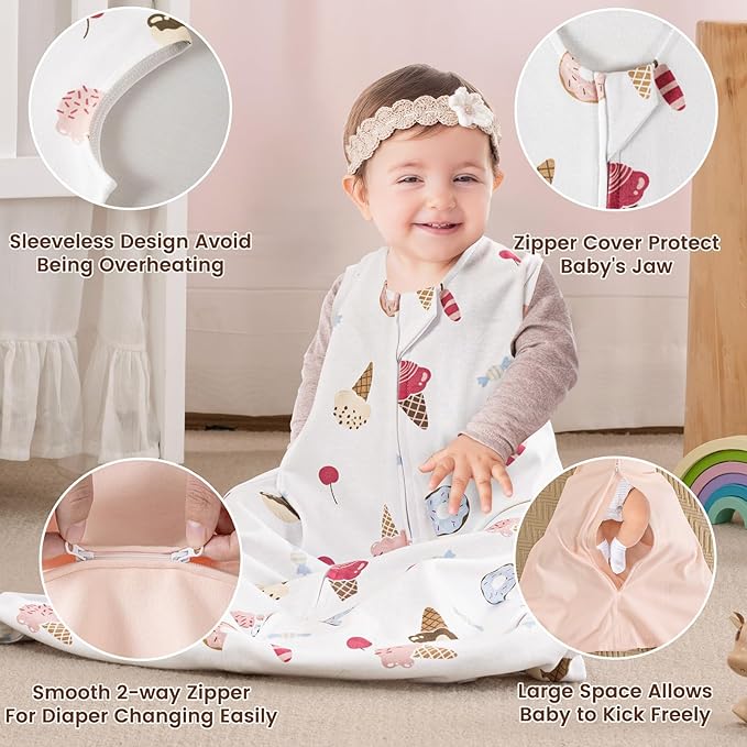 PHF Soft Baby Sleep Sack 6-12 Months 100% Organic Cotton Wearable Blanket, 2-Way Zipper 0.5 TOG Toddler Sleeping Sack 3 Pack, Comfy Sleep Bag for Baby Boys Girls, Ice Cream (Medium)