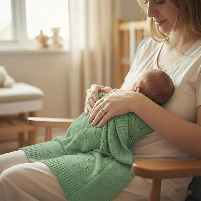Baby Knit Blanket, 100% Cotton Eyelet Patterns, Soft, Cozy, Lightweight Swaddle for Newborn & Infant Swaddling Beige Neutral, Perfect Baby Shower Ideas Sage Green 30x30