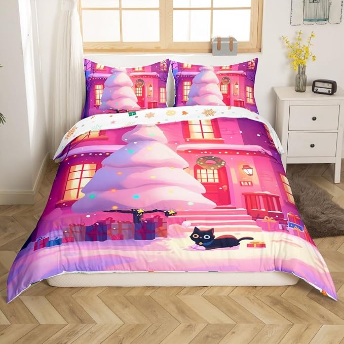 Feelyou Cute Christmas Comforter Cover Set - Tree Bedding Set Queen Size for Kids Boys Girls Bedroom Decor - Xmas Duvet Cover Merry Christmas Bedspread, No Comforter
