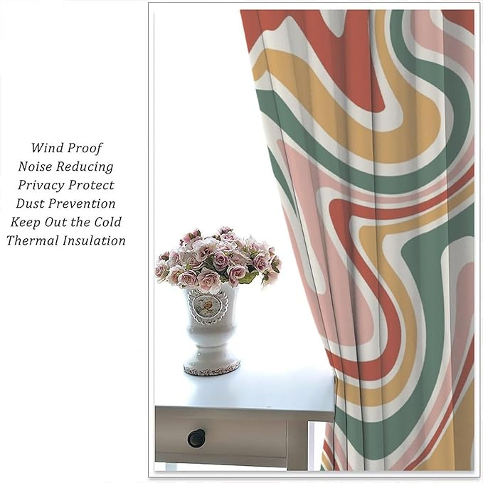 70S Abstract Wavy Swirl Curtain for Bedroom Windows,Retro Boho Minimal Teen Girls Kids Living Room Restroom Window Treatments Drapes 84"" W X 84"" L, Style-4