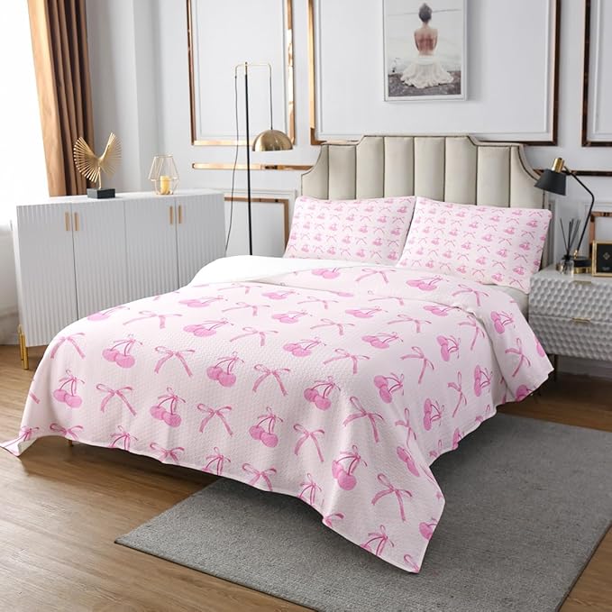Manfei Cartoon Bowknot Kids Bedspread King Size,Pink Bow Tie Butterfly Knot Princess Coverlet Set,Girls Women Room Decor,Cherry Bow Patchwork Quilted Coverlet,Romantic Bedding Quilt,2 Pillowcases