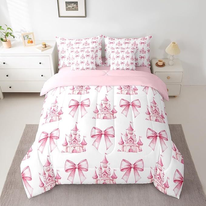 7 Pieces Pink Bowknot Kids Comforter Twin,Castle Tale Princess Toddler Bedding Set,Bow Tie Butterfly Knot Girlish Romantic Fashion（Comforter+Fitted+Flat Sheet+2 Pillowcases+2 Throw Pillow Covers）