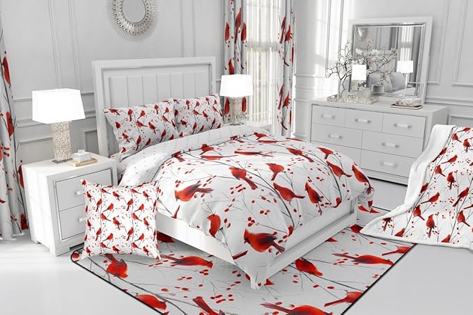 Feelyou Berries and Cardinals Pattern Comforter Set All Season Red Cardinal Bedding Set with 2 Pillow Cases Christmas Kids Queen Bedclothes Bird Print Decor Animal Decor Duvet Quilt Soft Lightweight