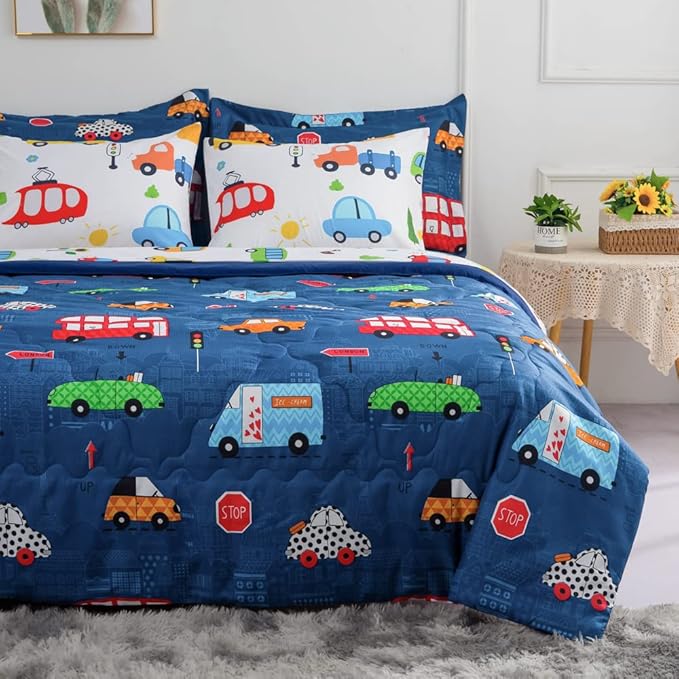 Wajade Cartoon Cars Comforter Set Bed in A Bag Full Size Colorful Cars Bus Van Traffic Lights Bedding Set for Boys Kids (1 Comforter, 1 Flat Sheet, 1 Fitted Sheet, 2 Pillowcase and 2 Pillow Sham)