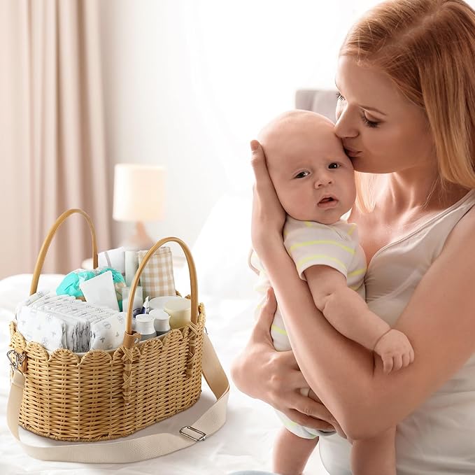 Baby Diaper Caddy Organizer Crafted Scalloped Rattan Basket with Shoulder Strap and Removable Divider Diaper Caddy Basket for Baby Shower Gifts Newborn