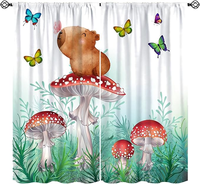 Cartoon Animals Curtains, Cute Butterfly Capybara Blackout Window Treatments, Rod Pocket Thermal Insulated Drapes 2 Panel Sets for Kids Bedroom Nursery Classroom, 42" W X 63" L