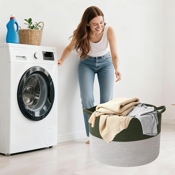 Large Blanket Basket for Organizing,65L Closet Organizers and Storage Bins Box for Shelves Woven Rope Storage Baskets,Living Room,Bedroom,Dorm,Laundry room (Green&White)