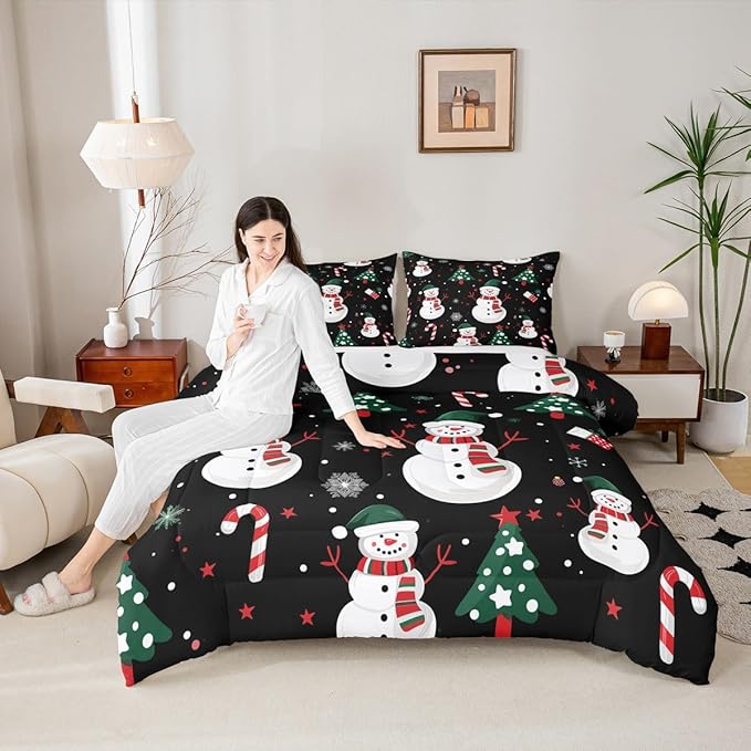 jejeloiu Kids Cute Winter Snowman Comforter Set Queen Size Christmas Theme Bedding Set for Boys Girls Teens Xmas Candy Cane Snowflake Happy New Year Duvet Quilt Room Decor
