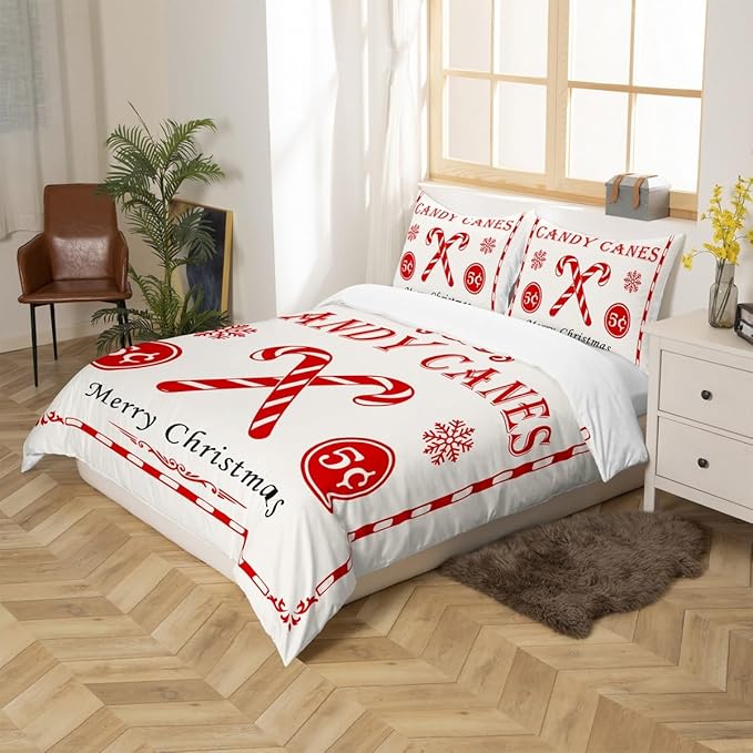 jejeloiu Christmas Bedding Set for Kids Boys Girls Christmas Quote Comforter Cover Set King Size Candy Canes Print Duvet Cover Bedroom Decor Xmas White Bedspread Cover Bedding Collection 3Pcs