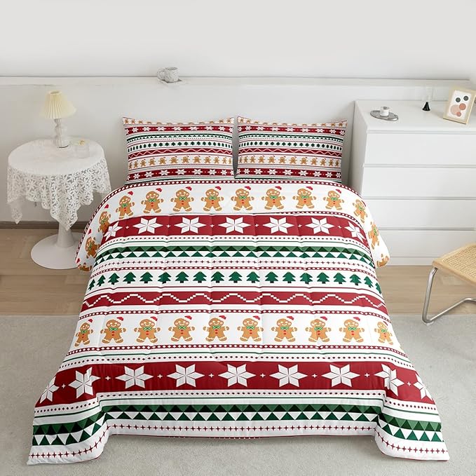 Feelyou Merry Christmas Bedding Set Soft for Boys Girls, Gingerbread Man Comforter Set King Size Duvet Quilt Microfiber Striped Bedroom Decor 3 Pcs with 2 Pillow Cases