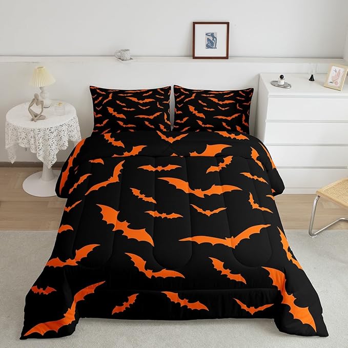 Erosebridal Happy Halloween Quilt Twin Size for Kids Boys Bats Animal Silhouette Comforter Set Orange Bats Animal Bedding Set Gothic Spooky Down Comforter with 1 Pillow Case