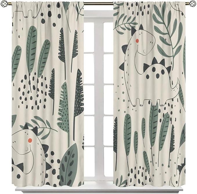 Funny Dinosaur Curtains, Jungle Cute Cartoon Animals Tropical Leaves Plant Beige Green Print Blackout Window Treatments for Kids Boys Girls Bedroom Living Room 52x84in