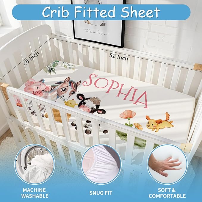 Personalized Baby Crib Bedding Set, 5 Pcs Custom Name Nursery Bedding Set for Baby Boys Girls, Farm Animals Crib Set, Double Layer, Toddler Crib Bedding, Infant Newborn Customized Gifts