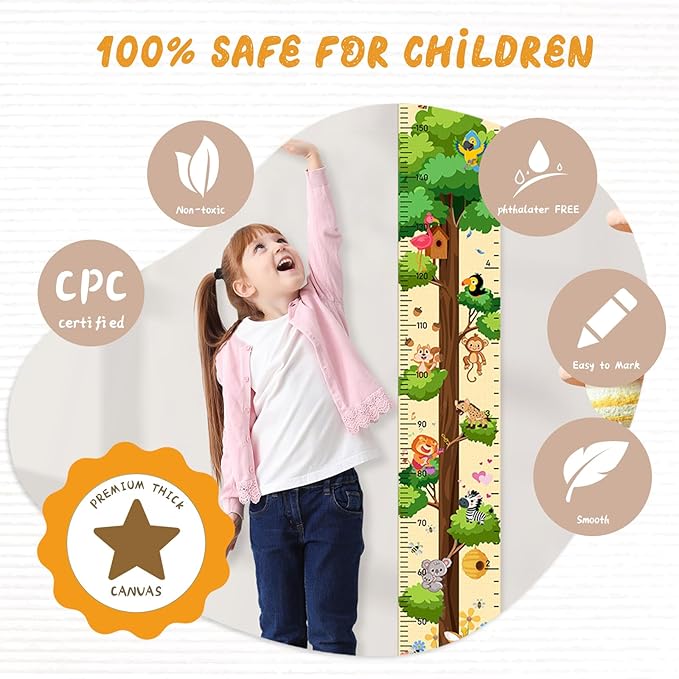 Personalized Name Growth Chart for Wall, Painted Tree Animals Canvas Height Chart for Kids Baby Child Toddler, Canvas Growth Chart for Wall Nursery Decor, Hangable & Waterproof