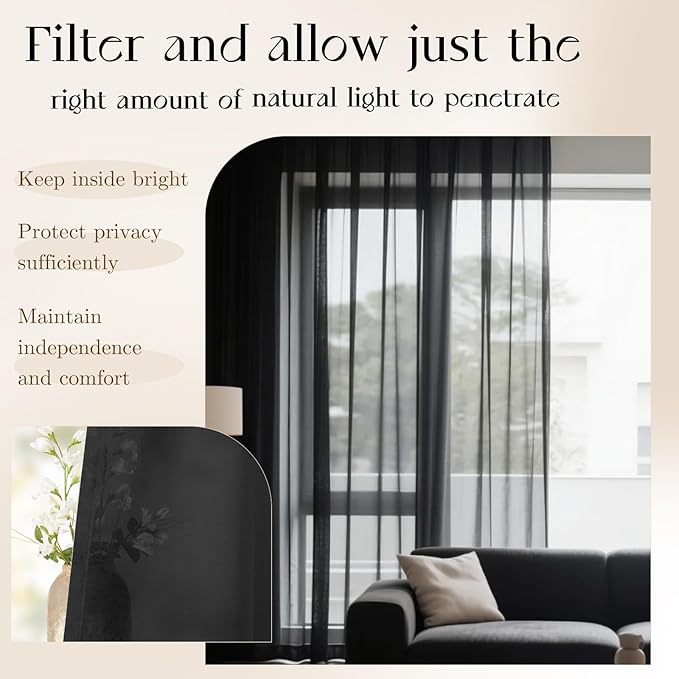 Dreaming Casa Black Sheer Curtains 204 Inches Long, Rod Pocket & Back Tab Light Filtering Textured Sheers for Living Room Bedroom, 2 Panels, Each 52" W x 204" L