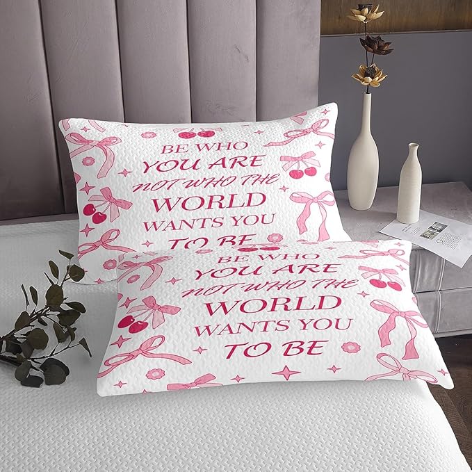 Manfei Pink Bowknot Kids Bedspread Twin Size,Cherry Tropical Fruit Cute Princess Coverlet Set,Girls Women Room Decor,Bow Tie Stars Daisy Floral Quilted Coverlet,Romantic Bedding Quilt,1 Pillowcase