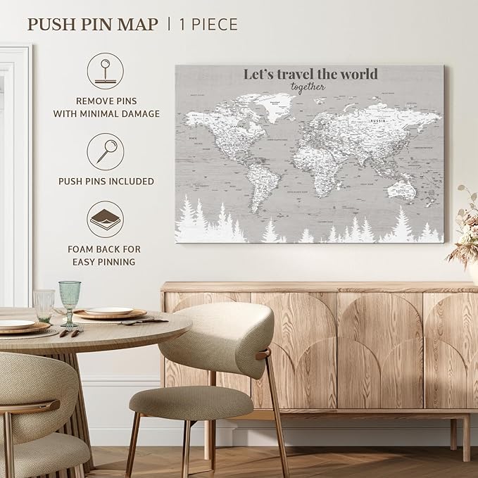 ElephantStock - Let's Travel II Push Pin World Map Wall Art - Horizontal Canvas Wall Art - Living Room Wall Decor - Digital Art Map Canvas Art - Gray And White Decor - 48" x 32"