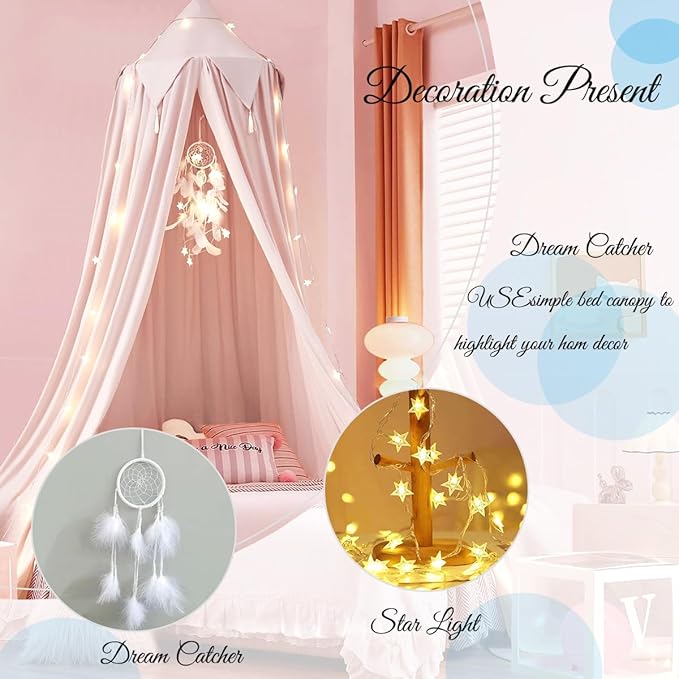 Akiky Bed Canopy for Girls with Lights Princess Dream Catcher for Kids Reading Nook Bed Tent for Twin Full Queen Size Bed,Room Decor (Beige Pink)