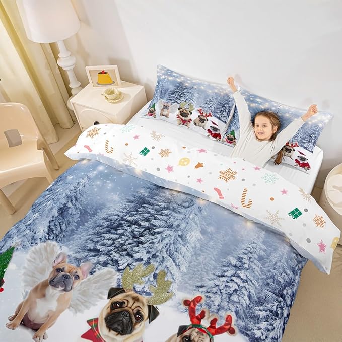 Dog Xmas Duvet Cover Cute Pug Dog Christmas Tree Style Bedding Set 3D Animal Comforter Cover for Boys Girls Children Teens Bedroom Decor White Blue Bedspread Cover Queen Size With 2 Pillow Case