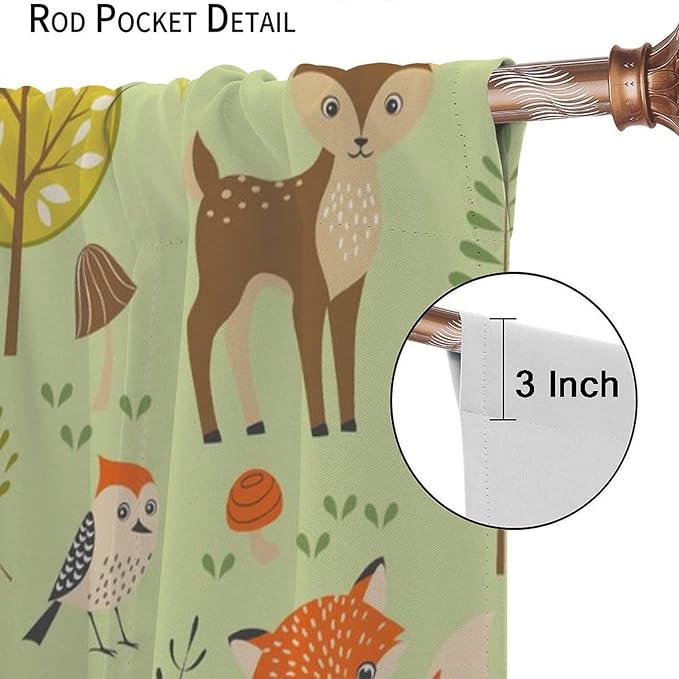 Cute Animals Curtains, Fox Bear Cartoon Wild Animals Blackout Window Treatments, Rod Pocket Thermal Insulated Drapes 2 Panel Sets for Kids Bedroom Nursery Classroom, 42" W X 63" L